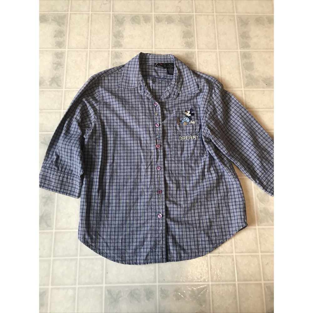 VINTAGE Mickey Unlimited Dreamy Disney Womens Button Shirt Medium Blue Plaid